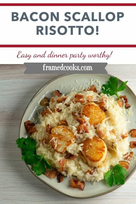 Creamy Cheesy Rice, Risotto Recipes Parmesan, Scallop Risotto Recipes, Scallop Risotto, Bacon Scallops, Bacon Risotto, Salmon Pasta Recipes, Cheesy Rice, Dried Scallops