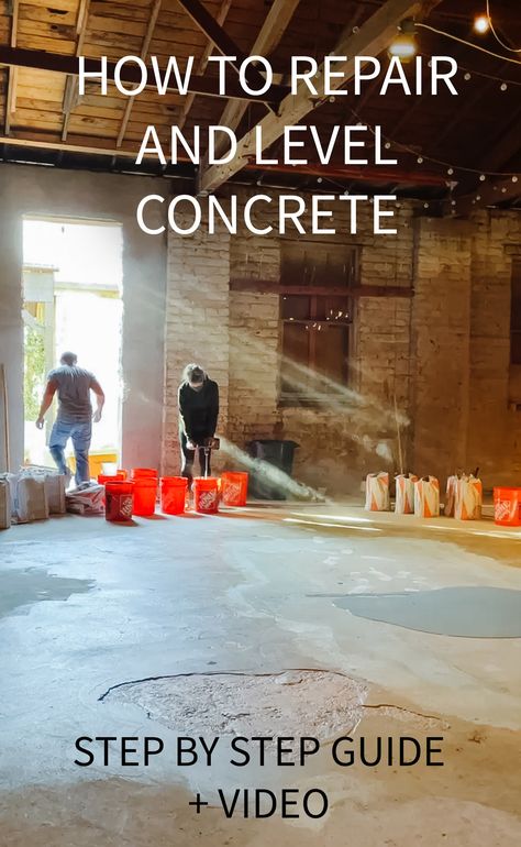 How to DIY repair and level concrete floors (this also works on driveways!!) How To Fix Concrete Floors, Redo Concrete Floors, Concrete Leveling Diy, Refinish Concrete Floors, Adding Concrete To Existing Concrete, Finishing Concrete Floors Diy, Diy Concrete Floor Makeover, Grind And Seal Concrete Floors, Self Leveling Concrete Floor