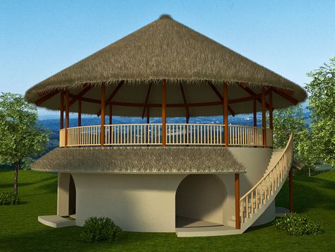 Specifications: 855 sq. ft. interior, 2 bedroom, 1 bath, Footprint: 36′ diameter Description: 10 meters (33’) diameter is the maximum size of a round earthbag structure before needing buttres… Thatch House, African Hut, Round House Plans, Casa Hobbit, Hut House, Bamboo House Design, African House, Thatched House, Mud House