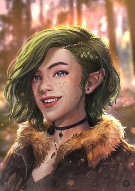 Half Elf, Green Hair, Brown Hair, Digital Painting, Elf, Green, Hair, Art