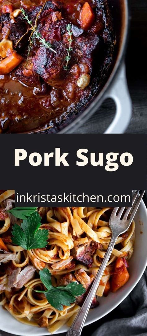 Pork Sugo is your new favorite slow cooked meal. It's bursting with rich tomato and wine flavor, cooked with pork shoulder, served with pasta or bread and topped with parmesan cheese. A meal you will most definitely eat too much of. Pork Sugo Recipe, Pork Sugo, Sugo Recipe, Butternut Squash Side Dish, Easy Pasta Dinner Recipes, Pork Soup, Easy Pasta Dinner, Cooked Meal, Weeknight Dinner Recipes Easy