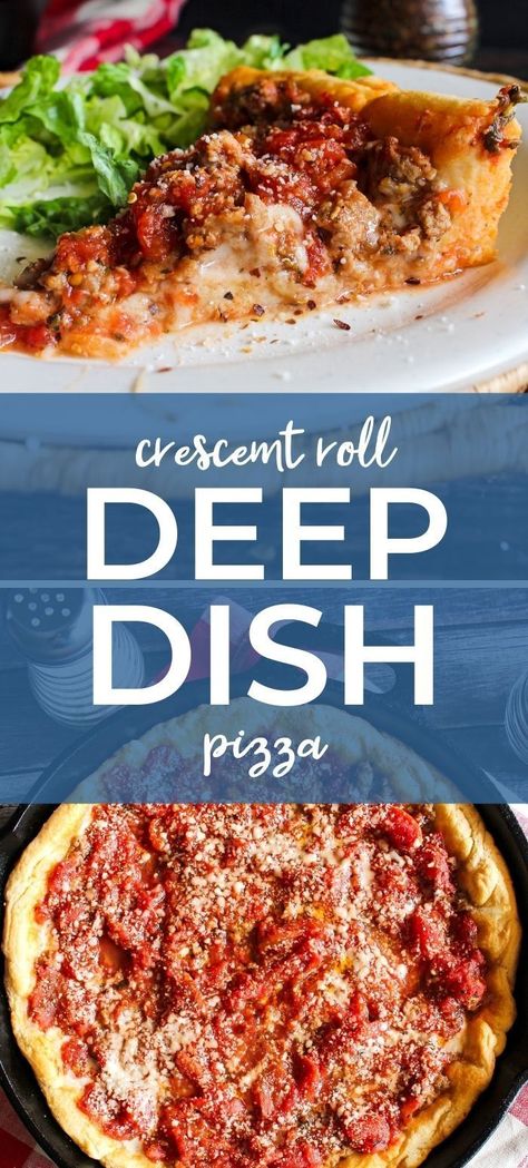 This Crescent Roll Deep Dish Pizza is a fun twist on a classic Chicago-style pie. The crescent rolls make a delicious and easy shortcut crust for this tasty deep dish pizza! #deepdish #pizza Crescent Roll Crust, Chicago Style Deep Dish Pizza, Thick Crust Pizza, Crescent Roll Pizza, Deep Dish Pizza Recipe, Chicago Deep Dish Pizza, Tummy Yummy, Crescent Roll Recipes, Crescent Roll Dough