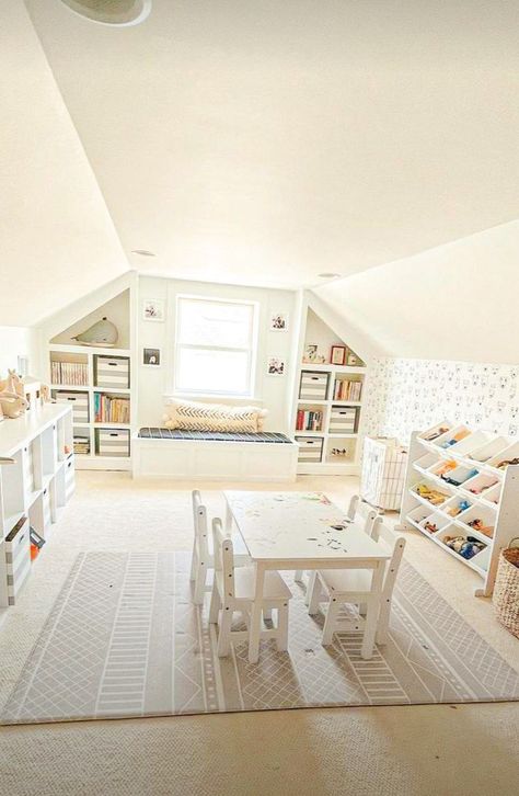 Playroom Ideas Attic, Playroom Over Garage, Bonus Space Above Garage, Playroom Above Garage, Office Attic Ideas, Vaulted Ceiling Playroom, Finished Attic Playroom, Small Attic Playroom, Room Over Garage Ideas