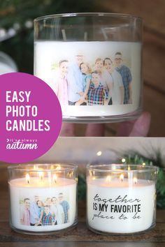 Gorgeous personalized photo candles! Easy and inexpensive handmade gift. Diy Photo Candles, Diy Gifts For Christmas, Pic Candle, Cheap Candles, Easy Handmade Gifts, Easy Handmade, Mason Jar Crafts Diy, Photo Candles, Cadeau Diy