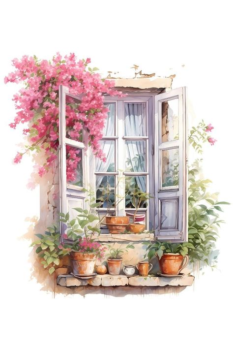 Doors Watercolor, Cottage Doors, Old Paper Background, Garden Illustration, Flower Window, Flower Painting Canvas, Cute Cottage, Art Journal Therapy, Decoupage Vintage