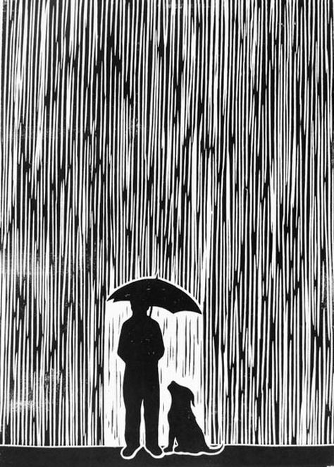 Artist: Chris Bourke. Title: Standing In The Rain. Discription: linocut. Standing In The Rain, Relief Printmaking, Linoleum Print, Linoleum Block Printing, Linocut Printmaking, Lino Art, Linocut Art, Kunst Inspiration, 흑백 그림