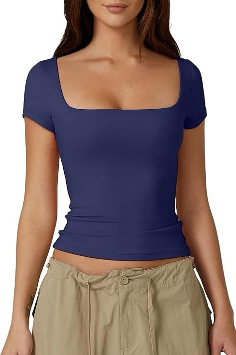 QINSEN Womens Short Sleeve Slim Fitted Crop Top Casual Square Neck Tight T Shirts Navy Blue S at Amazon Women’s Clothing store Blue Top Outfit, Vintage Boyfriend Jeans, Tight Crop Top, Julianna Leblanc, Womens Going Out Tops, Must Have Clothes, Double Layer Top, Vacay Fits, Fitted Crop Top