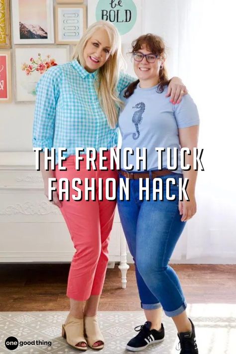 A French tuck can instantly make you look slimmer and more stylish. Learn what it is and how to do several variations of a French tuck here! How To Do The French Tuck, French Tuck Shirt Women, French Tuck Shirt How To, Front Tuck Shirt, Simple Diys, Tan France, French Tuck, One Good Thing By Jillee, Front Tuck