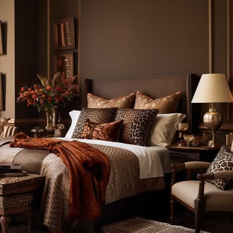 Chocolate Brown Bedrooms, Beige And Brown Bedroom Ideas, Chocolate Bedroom, Dark Brown Bedrooms, Classy Apartment, Brown Bedroom Ideas, Male Bedroom Ideas, Brown Bedroom Decor, Brown Interiors