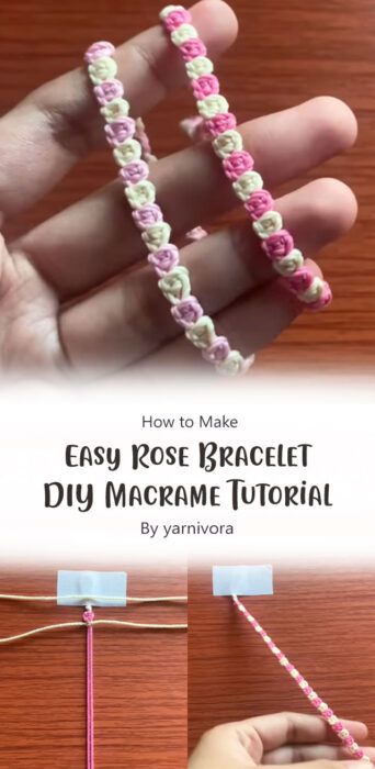 DIY Macrame Rose Bracelet Free Tutorial Ideas - Carolinamontoni.com Ending Bracelets Knot, Macrame Friendship Bracelets Tutorial, Rose Bracelet Tutorial, Diy Bracelets With Wool, Rose Friendship Bracelet Pattern, Macrame Bracelet Patterns Tutorials Diy, Simple Bracelets Diy, Macrame Bracelet Patterns Tutorials, How To Make Jewelry