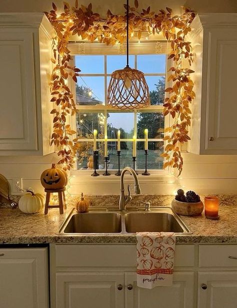 Bay Window Fall Decor, Lights Above Kitchen Sink, Window Garland, Kitchen Window Decor, Above Kitchen Sink, Window Over Sink, Fall Windows, Fall Cottage, Aesthetic Kitchen