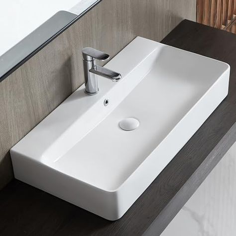 Bathroom Vessel Sink, Eridanus 32" x 16" Rectangular Ceramic Wall Mount Sink Countertop Vanity Basin, White Porcelain Art Basin Modern Trough Above Counter Bowl with Overflow Rectangular Vessel Sink, Bathroom Tool, Basin White, Wall Mount Sink, Vanity Basin, Sink Countertop, Vessel Sink Bathroom, Porcelain Art, Bathroom Layout