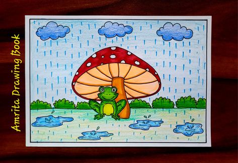 Video Tutorial uploaded on Amrita Drawing Book Channel. Subscribe for more creative Drawings and School Projects #rainyseason #typeofseason #rainyday #rain #frog #mushroom #drawing #easydrawing #howtodraw #school #seasons #youtube #amritadrawingbook Frog In Rain Drawing, Monsoon Season Drawing For Kids, Rain Day Drawing, Monsoon Drawings For Kids, Rainy Season Drawing Easy, Rain Season Drawing, Monsoon Season Drawing, Frog Mushroom Drawing, Monsoon Drawings