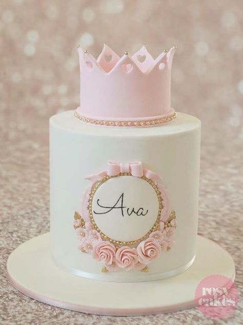 Pink and white cake, pearls, flowers, roses, crown, heart cutouts, girl Torturi Baby Shower, Kue Fondant, Princess Birthday Cake, Christening Cake, Baby Cakes, Cute Birthday Cakes, Princess Cake, Girl Cake, First Birthday Cakes