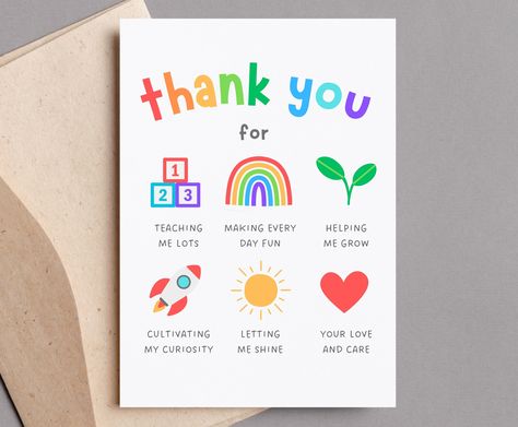 Toddler Thank You Cards, Teacher Thank You Card, Foldable Card Template, Daycare Nursery, Pasta Side, Card For Teacher, Daycare Teacher Gifts, Nursery Preschool, Preschool Teacher Gifts