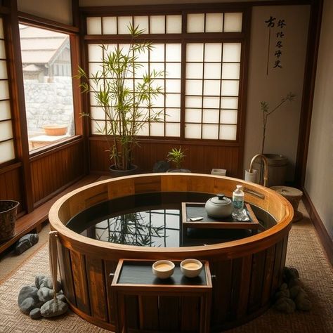 Japanese soaking tub in Zen-inspired bathroom with shoji screens, river stones, and tea set tray Japanese Ofuro Soaking Tubs, Japanese Traditional Bathroom, Japanese Onsen Bathroom, Japanese Bathtub Soaking Tubs, Japanese Bath Tub, Traditional Japanese House Interiors, Japanese Soaker Tub, Japanese Inspired Bathroom, Two Person Tub