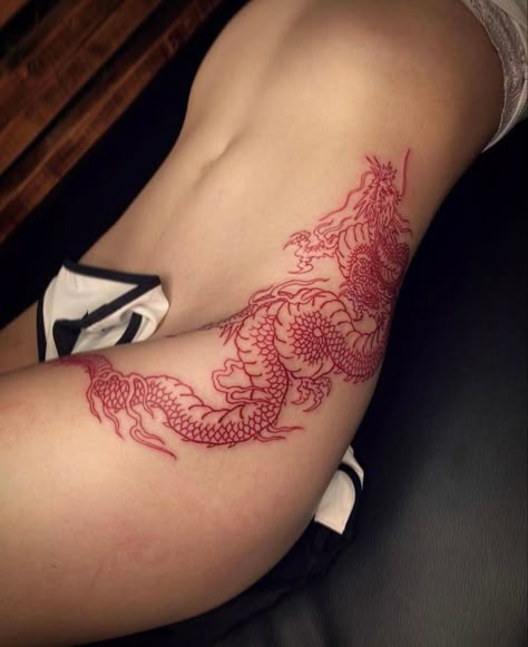 Dragon Tattoo Stomach, Dragon Tattoo Wrist, Dragon Tattoo Hip, Dragon Thigh Tattoo, Thigh Piece Tattoos, Dragon Tattoo Meaning, Red Tattoo Ideas, Red Dragon Tattoo, Small Dragon Tattoos