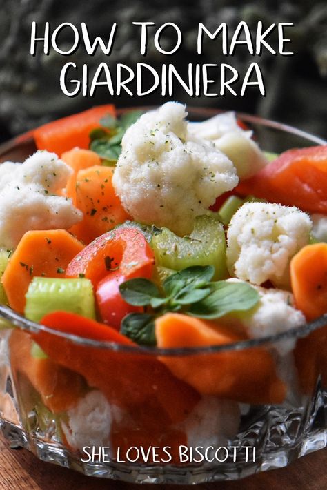 This Giardiniera recipe is a pickled vegetable salad that can be used as an antipasto or a side dish. It's easy and simple to make with this quick recipe, which includes step-by-step instructions on making your very own marinated veggie medley! Pickled Jardiniere, Gardenia Pickles, Pickled Vegetable Salad, Italian Giardiniera Recipe, Canned Giardiniera Recipe, Pickled Gardenia Canning Recipes, Pickled Vegetables Giardiniera, Gardenia Recipe, Gardenaire Recipes