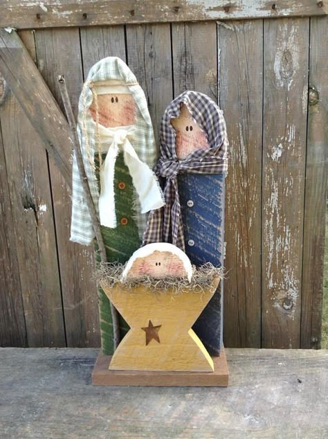 Primitive Nativity, Wood Craft Pattern, Primitive Christmas Decor, Primitive Fabric, Primitive Wood Crafts, Wooden Snowmen, Rustic Holiday Decor, Christmas Wood Crafts, Rustic Holiday