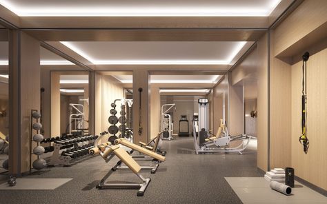 70 Vestry Gym Lobby, Apartment Amenities, Fitness Center Design, Gym Lighting, Dream Home Gym, Gym Design Interior, Basement Gym, Gym Room At Home, Gym Interior