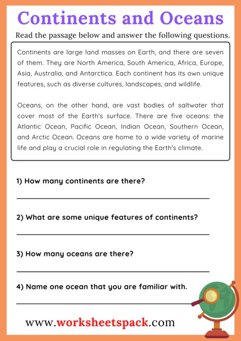 Continents and Oceans Reading Comprehension Passage - worksheetspack Grade 4 Reading Comprehension Worksheets, Grade 4 Reading Comprehension, Oceans Worksheet, Grade 4 Reading, Ocean Reading, English Reading Skills, Advance English, Passage Writing, English Conversation Learning