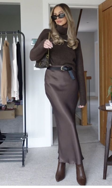 Silk Skirt Business Outfit, Long Skirt Winter Outfit Classy, Winter Special Occasion Outfit, Olive Silk Skirt Outfit, Chocolate Satin Skirt Outfit, Chocolate Leather Skirt Outfit, Brown Satin Maxi Skirt Outfit, Professional Maxi Skirt Outfit, Green Skirt Fall Outfit