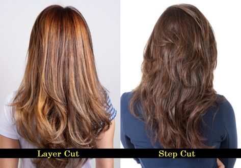 Step Cut Vs. Layer Cut: What's The Difference? – HairstyleCamp Step Layers Haircut, Step Plus Layer Haircut, Long Layer Vs Short Layers, Long Layered Hair Vs Short Layers, U Shaped Vs V Shaped Hair, V Vs U Haircut, Step Layer Haircut For Long Hair, V Cut Vs U Cut Hair, U Vs V Haircut