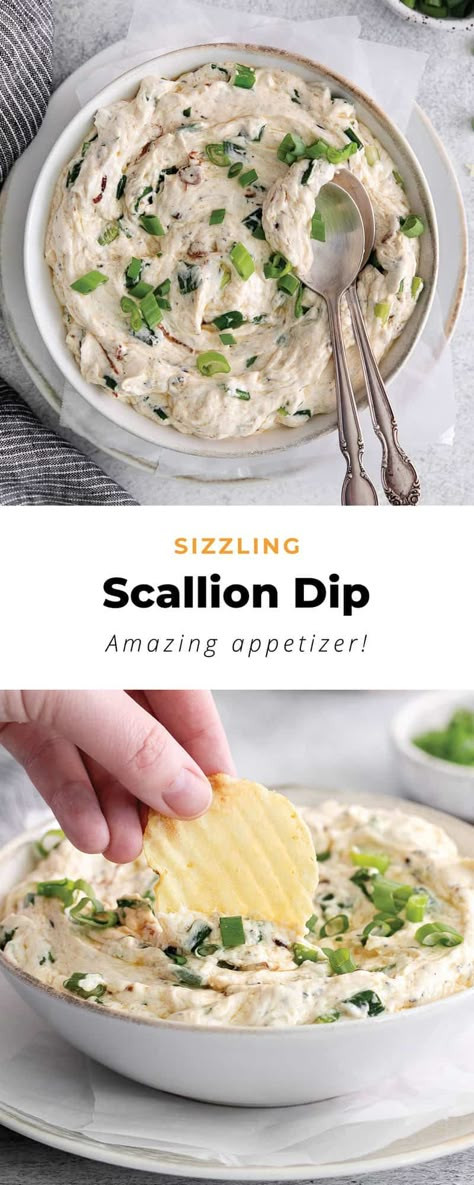 Say hello to your new favorite chip dip -- sizzling scallion dip made with fried green onions and scallions, mayo, cream cheese, and sour cream. Cream Cheese Green Onion Dip, Green Onion Chip Dip, Fried Green Onions, Lawson's Chip Dip Recipe, Recipes With Scallions, Sour Cream And Mayo Dip Recipe, Recipes With Scallions Green Onions, Dill Dip Recipe Sour Cream And Mayo, Recipes With Green Onions