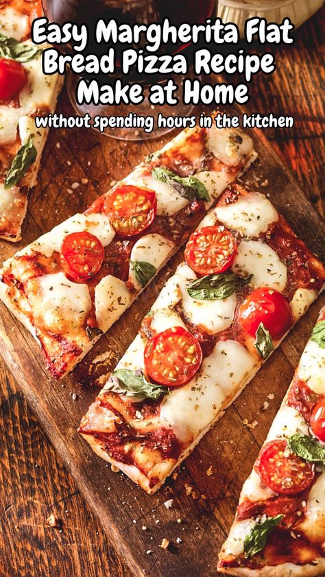 A delicious easy Margherita flat bread pizza made at home, showcasing vibrant tomatoes, fresh basil, and melted mozzarella on a crispy flatbread base. Ideal for healthy pizza lovers and perfect for family dinners or gatherings. Pizza With Fresh Mozzarella, Margherita Flatbread Pizza, French Bread Pizzas, Margherita Flatbread, Flatbread Pizza Recipe, Healthy Flatbread, Bread Pizza Recipe, Margherita Pizza Recipe, Crispy Waffles