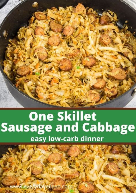 One skillet, low-carb smoked sausage with shredded cabbage and carrots makes a fantastic meal ready in less than 30 minutes. Swap out kielbasa for variety. #sausagecabbage #lowcarbcabbagedinner #ketocabbage #everydayeileen Sausage And Cabbage Skillet, Sausage And Cabbage, Cabbage Skillet, Cabbage And Carrots, Cabbage And Sausage, Shredded Cabbage, Cabbage Recipe, One Skillet Meals, Fry Recipes