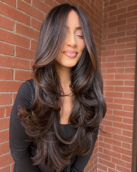 Chocolate Brown Hair With Long Layers, Brown Babylights On Black Hair, Voluminous Curls Medium Length, Chocolate Brown Balayage Curly Hair, Chocolate Brunette Balayage, Mocha Color Hair, Winter Hair Trends, Mocha Hair, Haircuts For Long Hair With Layers