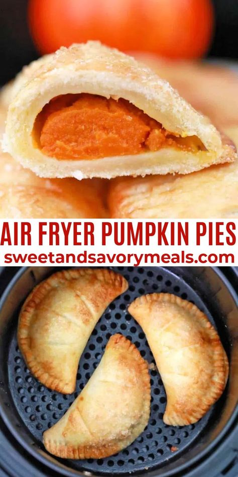 Air Fryer Pumpkin Pies are the perfect treat for this time of the year. Buttery pie crust is filled with pumpkin pie filling and air fried to crispy perfection. #airfryer #pumpkinpies #pies #pumpkin #sweetandsavorymeals Pumpkin Pie Air Fryer Recipes, Pumpkin Pie In Air Fryer, Air Fryer Pie Crust Recipes, Pie Crust Air Fryer Recipes, Air Fry Pies, Air Fryer Pumpkin Pie, Air Fryer Pies With Pie Crust, Air Fryer Hand Pie Recipes, Fried Pies In Air Fryer