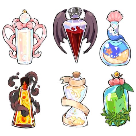 Kawaii Potion Bottle Drawing, Potion Bottle Drawing Reference, Cute Items Drawing, Item Drawing Reference, Items To Draw, Potion Bottles Drawing, Drawing Items, Dnd Stickers, Drink Drawing