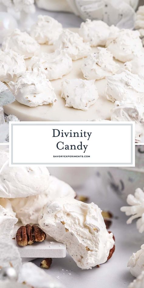 This Old Fashioned Divinity Candy recipe adds in some vanilla and nuts (if you want!) for a snack that’s bound to knock your socks off! Recipe For Divinity Candy, Old Fashioned Treats, Divinity Cookies Recipe, Betty Crocker Divinity Recipe, Old Fashioned Potato Candy, Divinity Fudge Recipe, Old Fashioned Christmas Candy Recipes, Vintage Christmas Candy Recipes, Old Fashioned Christmas Recipes