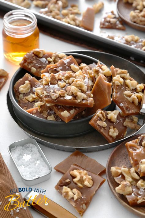 Equal parts of sugar and real butter account for the rich flavor and beautiful golden color in this smoky take on butter toffee. Whiskey Fudge, Whiskey Butter, Butter Toffee Recipe, Whiskey Desserts, Toffee Recipe, Toast In The Oven, Butter Toffee, Toasted Walnuts, Cookie Exchange