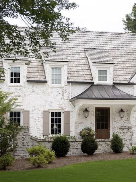 White Wash Brick Exterior, White Brick House, Painted Brick Exteriors, French Country Exterior, Brick Exterior House, Exterior Makeover, Exterior Remodel, Painted Brick, Farmhouse Exterior