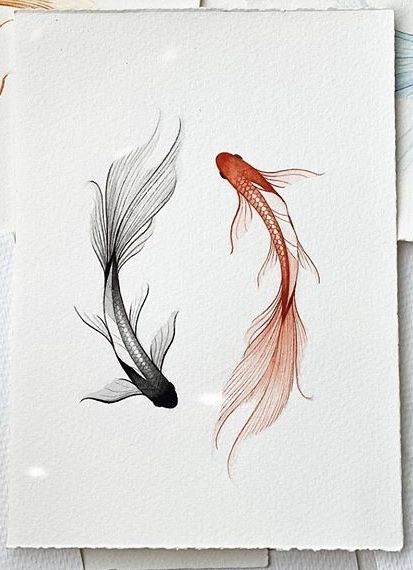 Small Koi Fish Tattoo Design, Minimalist Koi Tattoo, Koi Fish Line Art Tattoo, 2 Koi Fish Tattoo, Koi Fish Line Art, Goldfish Art, Yin Yang Tattoos, Pisces Tattoos, Koi Tattoo