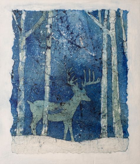 Winter Deer | Watercolor on rice paper, using wax resist by … | Flickr Batik Diy, Deer Watercolor, Watercolour Cards, Winter Deer, Christmas Image, Winter Designs, Winter Landscapes, Watercolor Tutorial, Batik Art