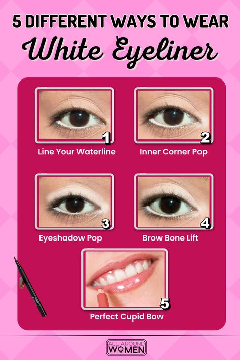 White eyeliner, eyeliner, eyeliner tips White Eyeliner Under Eye, White Waterline Makeup, White Eyeliner Waterline, White Waterline, Liner Styles, Eyeliner Under Eye, Everyday Eye Makeup Tutorial, Under Eye Makeup, Everyday Eye Makeup