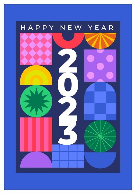 Colorful Geometric Happy New Year 2023 Card Christmas Card Design Ideas Graphics, Happy New Year 2023 Poster, New Year Color Palette, Happy New Year Graphic Design, New Years Design, New Year Graphic, Holiday Greeting Card Design, Holiday Card Inspiration, Happy New Year Card