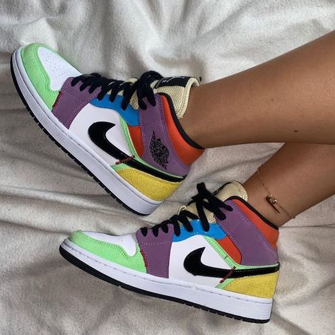 Jordan 1 Multicolor, Jordan 1 Mid Multicolor, Air Jordan 1 Women, Air Jordan 1 Mid Gs, Girls Basketball Shoes, Multicolor Shoes, Jordan 1s, Hype Shoes, Shoe Inspo