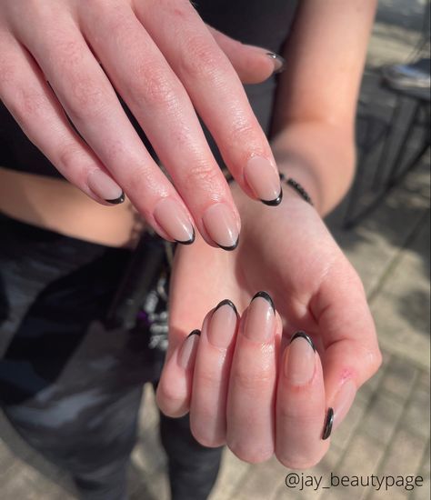 Short almond nails with think black French tip Dip Powder Black French Tip, Black Mini French Tip Nails, Black Micro French Tip Nails, Short Oval Black French Tip Nails, V Shape French Tip Nails Short, Mini French Tip Nails, Biab French Tip, Banquet Nails, Black French Manicure