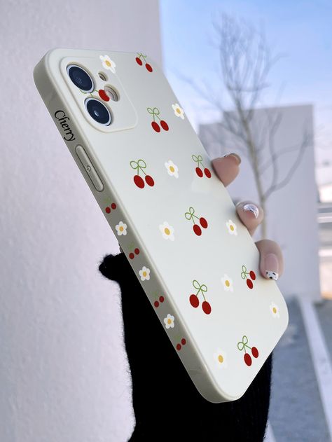 Beige    TPU Fruit&Vegetable Phone Cases Embellished   Phone/Pad Accessories Phone Cases Ideas, Phone Case Painting, Cherry Phone Case, Clear Phone Case Design, Cover Mobile, Phone Case Diy Paint, Diy Phone Case Design, Hand Work Design, Girly Phone Cases