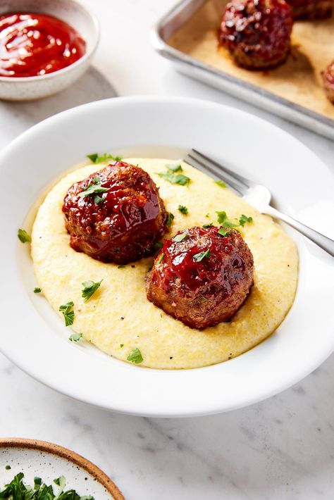 Meatloaf Meatballs with Parmesan Polenta - Wyse Guide Meatloaf Meatballs, Parmesan Polenta, Apple Pork Tenderloin, Wyse Guide, How To Make Meatballs, Ham And Beans, Quick Cooking, Recipe For Mom, Healthy Eating Habits