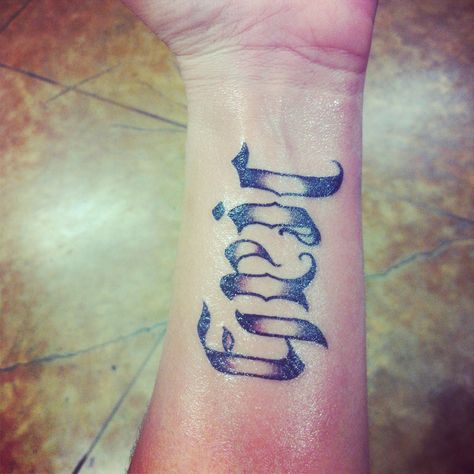 Finally did it...my babies names...Eric one way Leah the other. Ambigram tattoo   Love it Real Is Rare Tattoo Font, Eric Tattoo Name, River Name Tattoo, Devon Tattoo Name, Unconditional Love Tattoo With Names, Babies Names, Ambigram Tattoo, Baby Name Tattoos, Tattoo Name