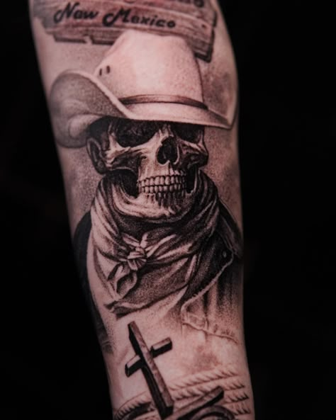 Done at @studioone.1ink #3rlonly #3rltattoo #realisticink #blackandgreytattoo #art #cowboys #skull #luciantatar Cowboy Western Tattoos For Men, Clock Tattoo Sleeve, Cowboy Hat Tattoo, Outlaw Tattoo, Best Leg Tattoos, Cowboy Tattoos, Country Tattoos, Men Tattoos Arm Sleeve, Western Tattoos