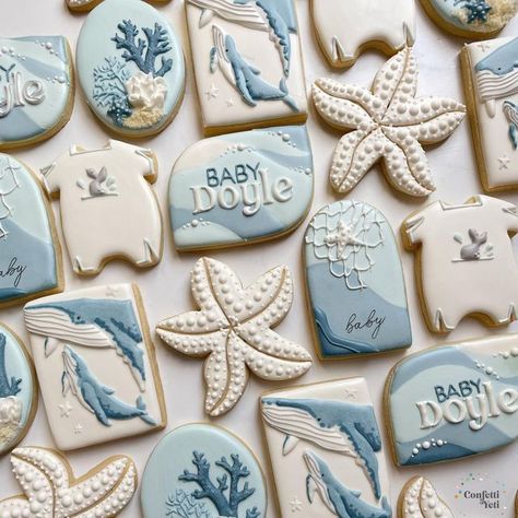 Beach Themed Cookies Decorated, Under The Sea Baby Shower Cookies, Beach Cookies Decorated, Ocean Cookies, Ocean Birthday Cakes, Starfish Cookies, Whale Cookies, Holiday Deserts, Cookie Corner