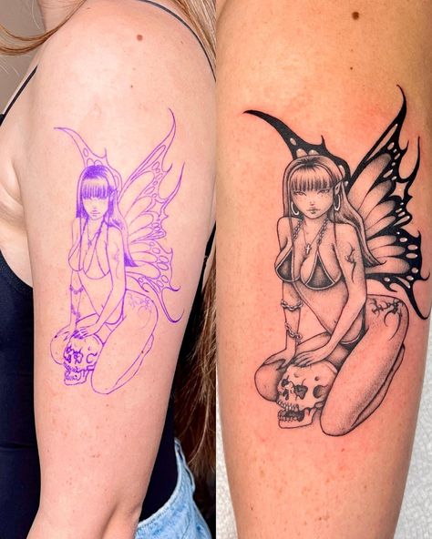 💕💜 Stencil vs Tattoo 💜💕 #beforeandafter #fairytattoo Skull Fairy Tattoo, Vs Tattoo, Skull Fairy, Goth Fairy, Fairy Tattoo, Tattoos, On Instagram, Instagram