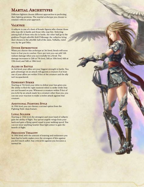 DnD 5e Homebrew — dnd-homebrew5e: Here is another Valkyrie themed... Fighter Dnd 5e, Dnd 5e Fighter Subclasses, Dnd Fighter Subclasses Homebrew, Dnd Character Races, Dnd Homebrew Subclasses, Fighter Subclass 5e, Dnd Asamir, Homebrew Races 5e, Dnd Homebrew Race