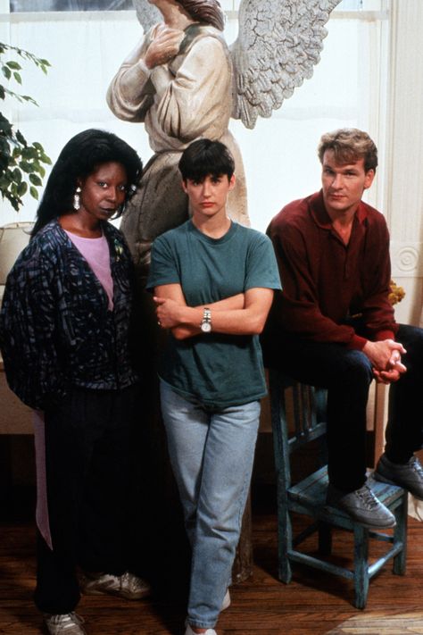 "Ghost" promo still, 1990.  L to R: Whoopi Goldberg, Demi Moore, Patrick Swayze.  Released with little fanfare on July 13, 1990, this movie was expected to earn back its budget of $22 million amid a summer chock full of blockbusters ("Pretty Woman", "The Hunt for Red October").  However, the reviews and word of mouth propelled this film to sell 51 million tickets and a gross of $217 million dollars.  It held the top spot until December when "Home Alone" outgrossed the movie, placing "Ghost" at n Ghost 1990, Patrick Wayne, Ghost Movies, Whoopi Goldberg, Patrick Swayze, Ghost Photos, Demi Moore, Actrices Hollywood, We Movie